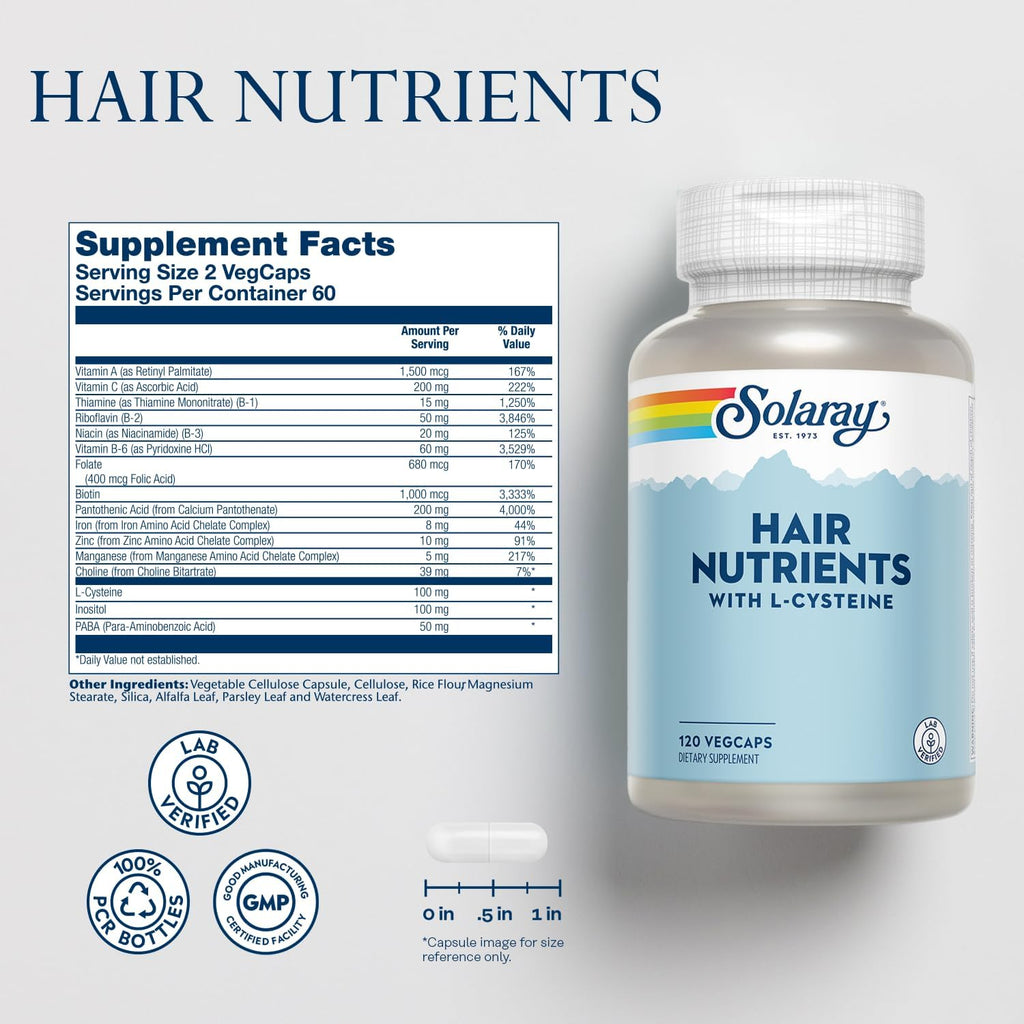Solaray Hair Nutrients - Suplemento para el Cabello con Biotina, L-Cisteína, Vitamina A, Hierro y Zinc - 120 Cápsulas Veganas