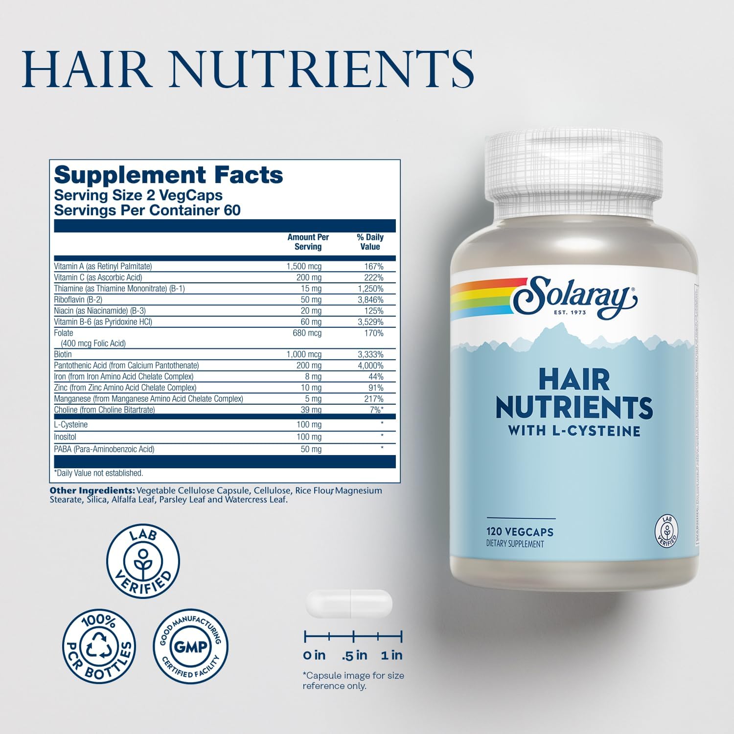 Solaray Hair Nutrients - Suplemento para el Cabello con Biotina, L-Cisteína, Vitamina A, Hierro y Zinc - 120 Cápsulas Veganas