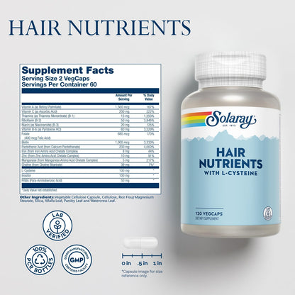 Solaray Hair Nutrients - Suplemento para el Cabello con Biotina, L-Cisteína, Vitamina A, Hierro y Zinc - 120 Cápsulas Veganas – Image 2