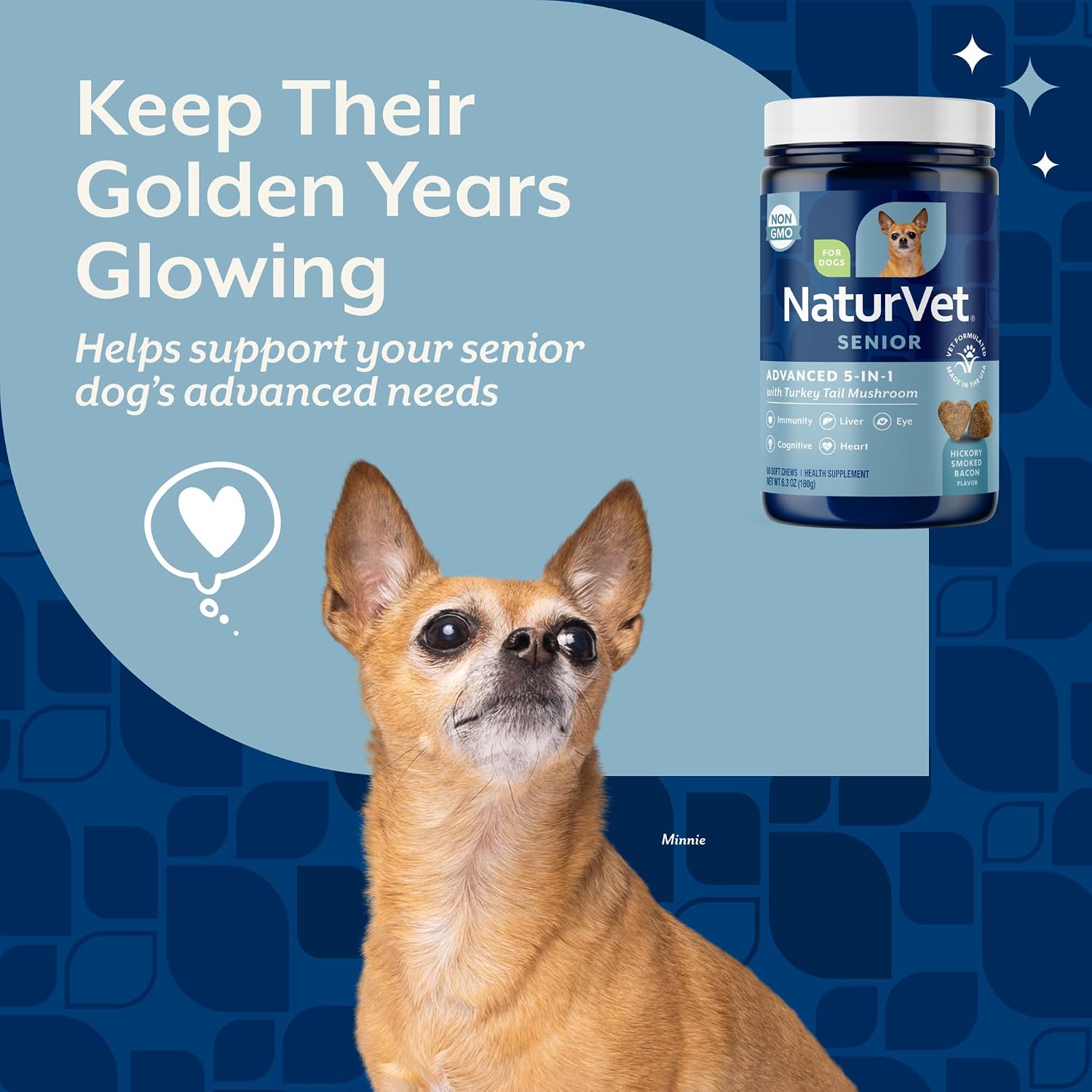 NaturVet Senior Advanced 5-en-1 Apoyo para Perros Mayores – 60 masticables blandos con Ginkgo Biloba y Luteína