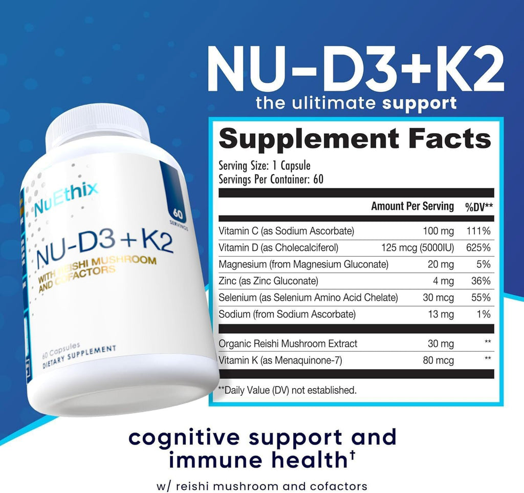 NuEthix Formulations NU-D3 + K2 - Vitamina D3 y K2 5000 UI con Reishi, Magnesio y Zinc, 60 cápsulas