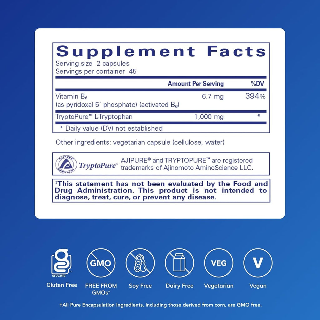Pure Encapsulations L-Triptófano | Complemento Alimenticio para la Relajación, Apoyo de Serotonina, Síndrome Premenstrual y Sueño | 90 Cápsulas