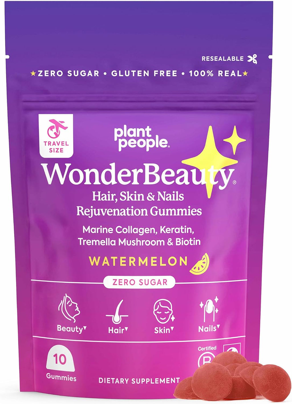 Plant People WonderBeauty Gominolas Rejuvenecedoras para Piel, Cabello y Uñas con Seta Tremella, Colágeno, Queratina y Biotina – Sabor Sandía, 10 Gominolas