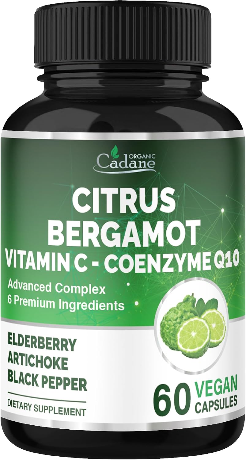 Cadane Suplemento de Bergamota Cítrica con Vitamina C, CoQ10, Saúco, Alcachofa y Pimienta Negra - 60 Cápsulas - 30 Días