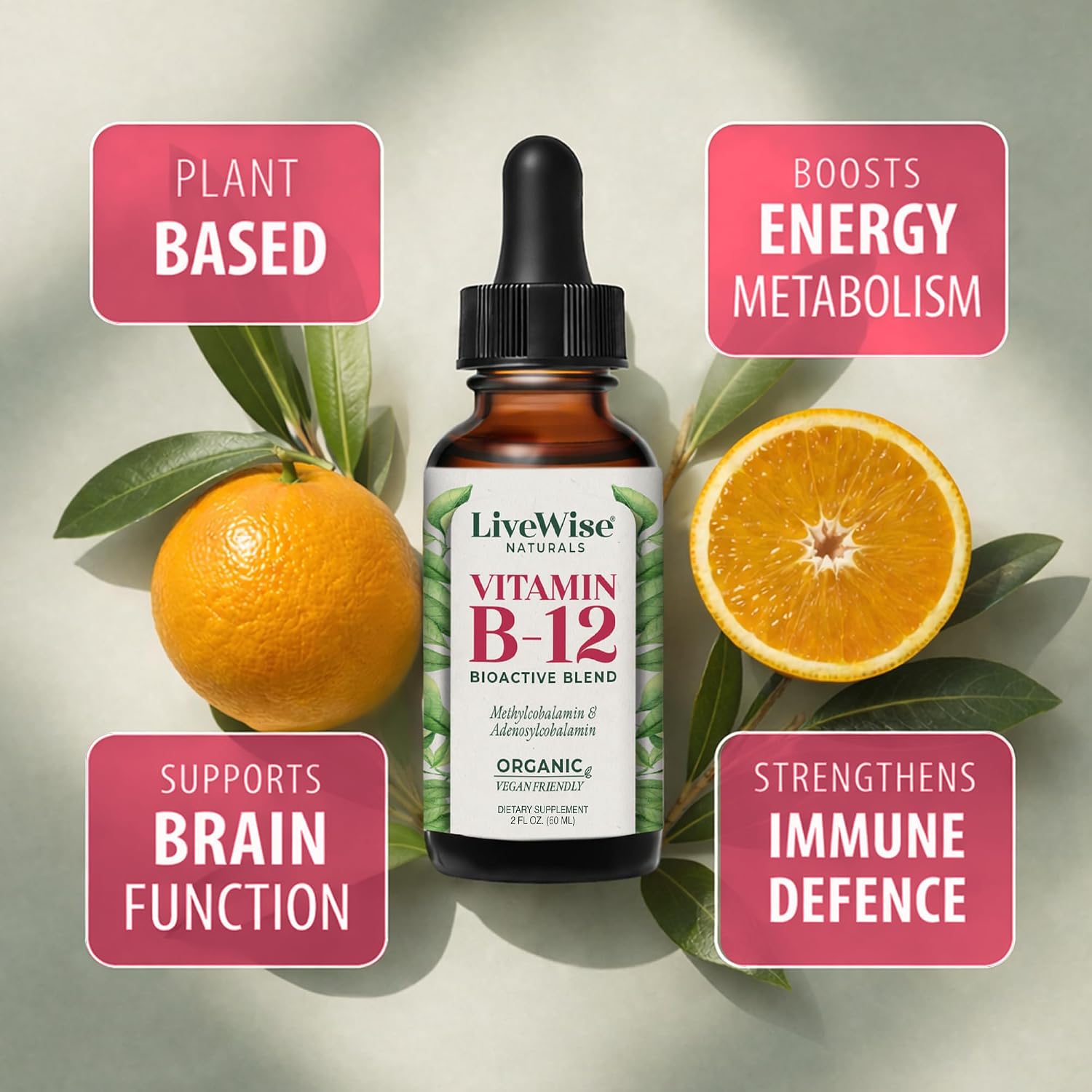 Vitamin B12 1000 mcg Organic Liquid Sublingual - Methylcobalamin & Adenosylcobalamin - 2 fl oz (1 Year Supply)