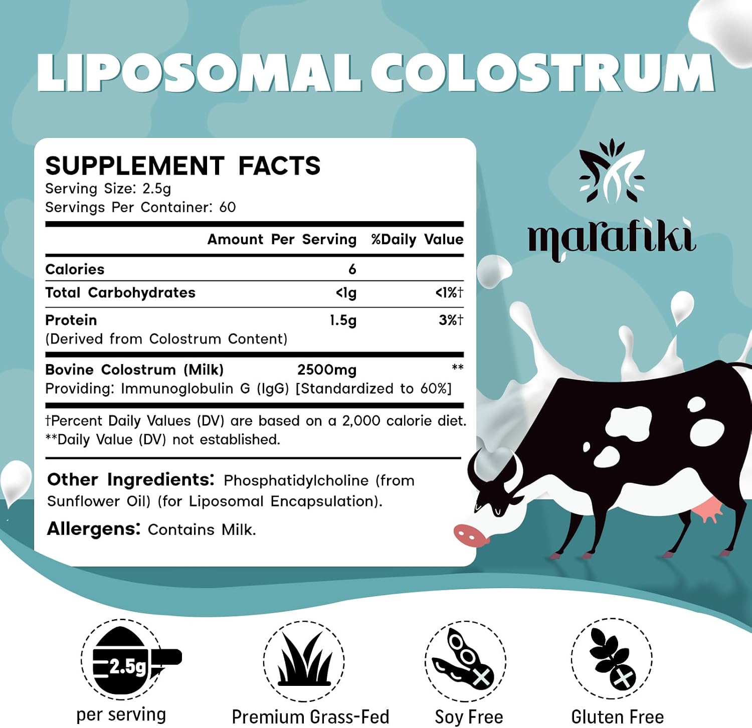 Marafiki Suplemento de Calostro Bovino Liposomal - Polvo de Pastoreo - 60 Porciones