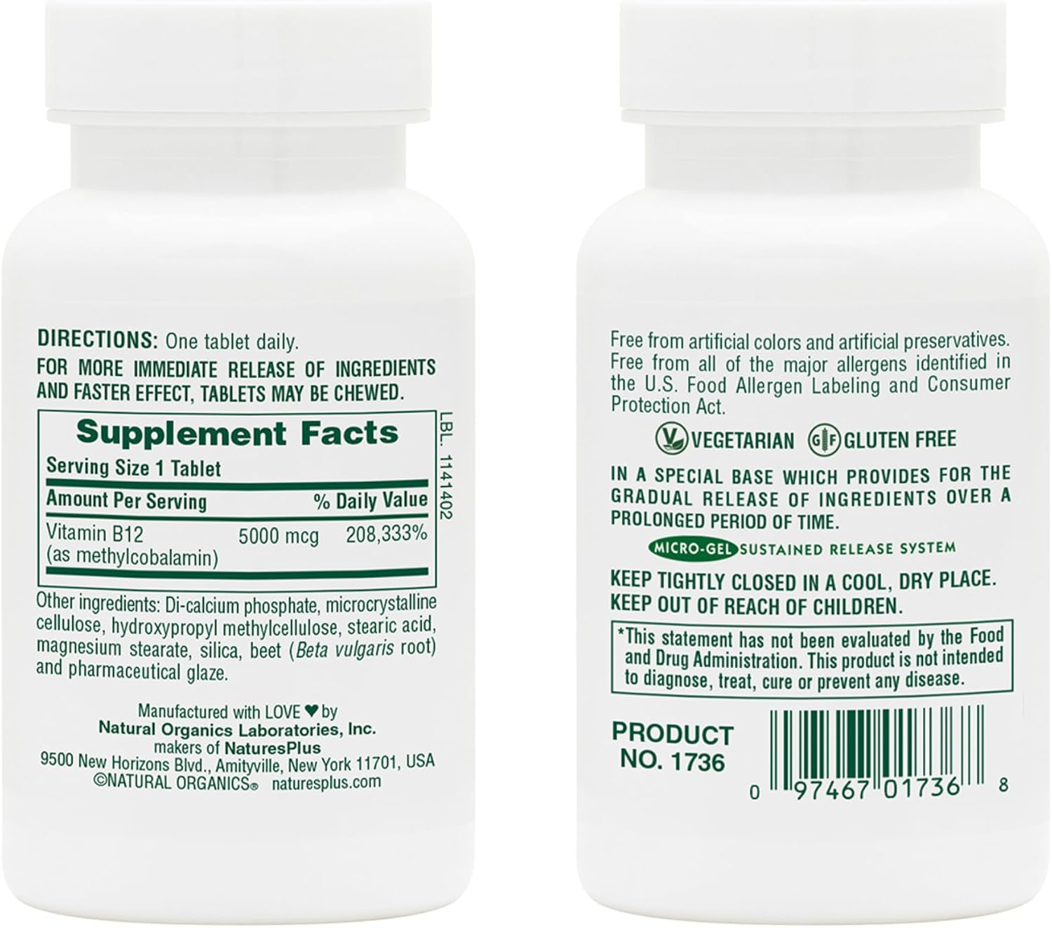 NaturesPlus Shot-O-B12 5000 mcg - 60 Comprimidos de Liberación Sostenida (Paquete de 2) - Apoya la Producción de Energía y el Estado de Ánimo - Vegetariano, Sin Gluten - 120 Raciones