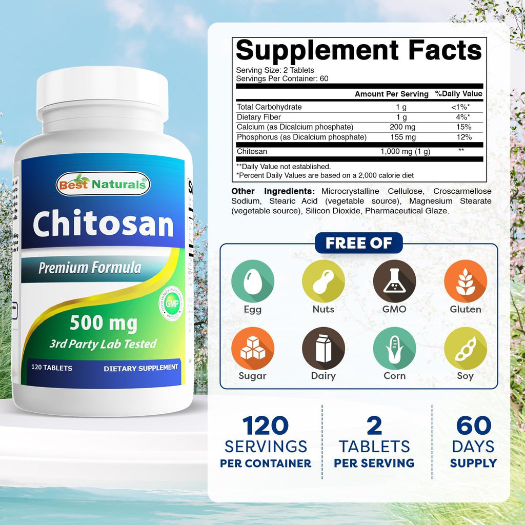 Best Naturals Quitosano 500 mg, 120 Comprimidos (Paquete de 2)