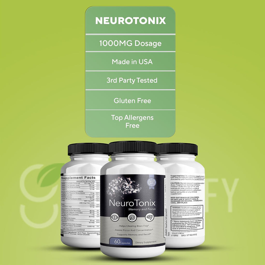 NeuroTonix Brain Support Supplement, Clear Brain Fog and Cognitive Booster, 60 Cápsulas Naturales