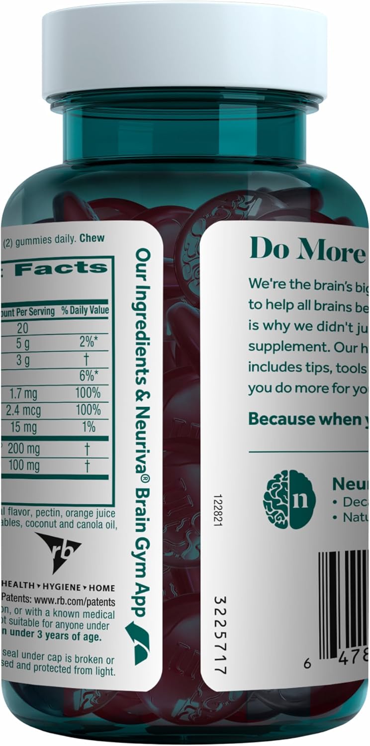 NEURIVA Plus Gomitas para Memoria y Concentración con Neurofactor, Fosfatidilserina, Vitaminas B6 y B12 - 50 Gomitas Sabor Fresa