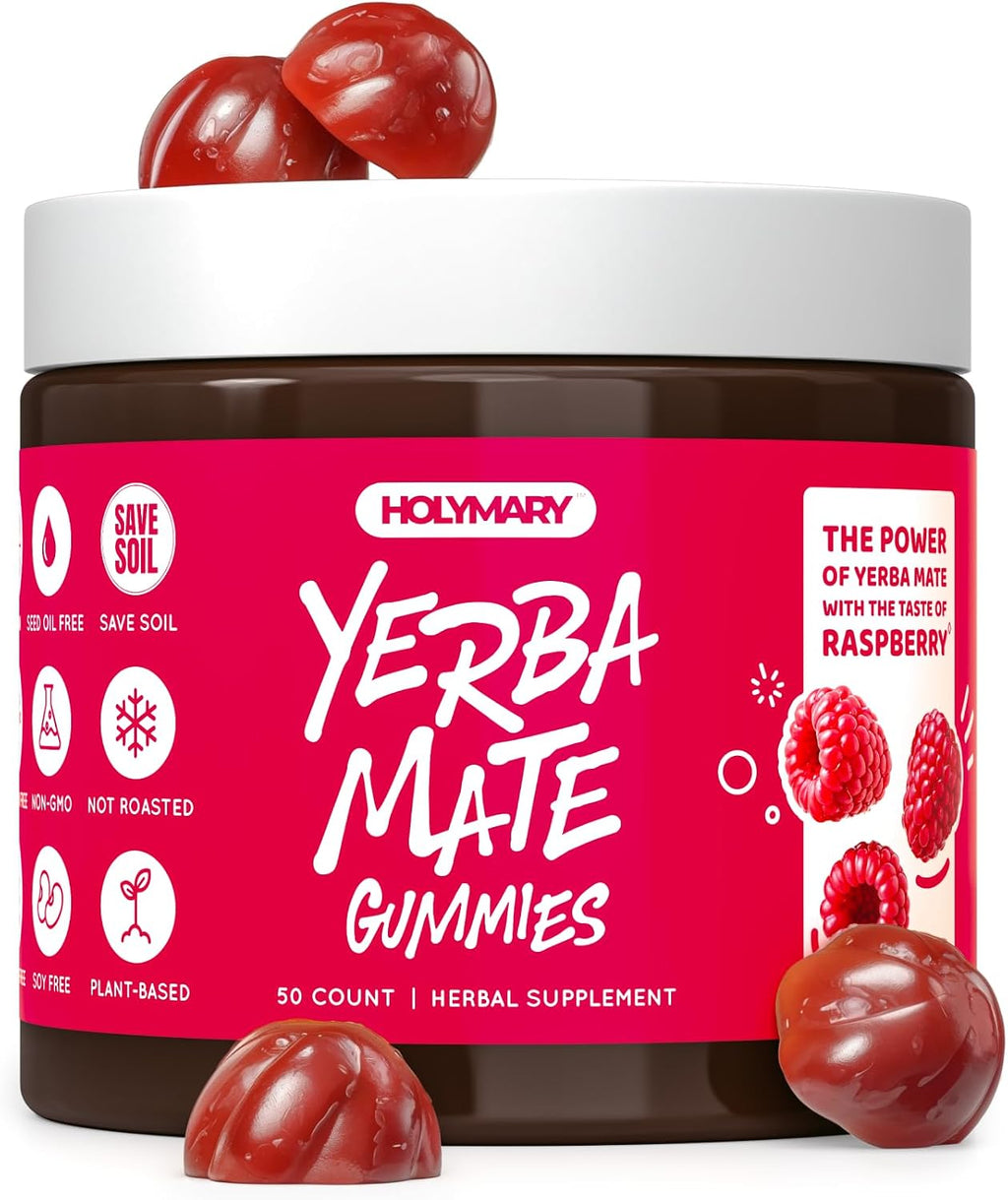 HOLYMARY Gominolas de Yerba Mate Sabor Frambuesa - Energía, Concentración y Vitalidad - Vegano, Sin Gluten, 50 Gominolas