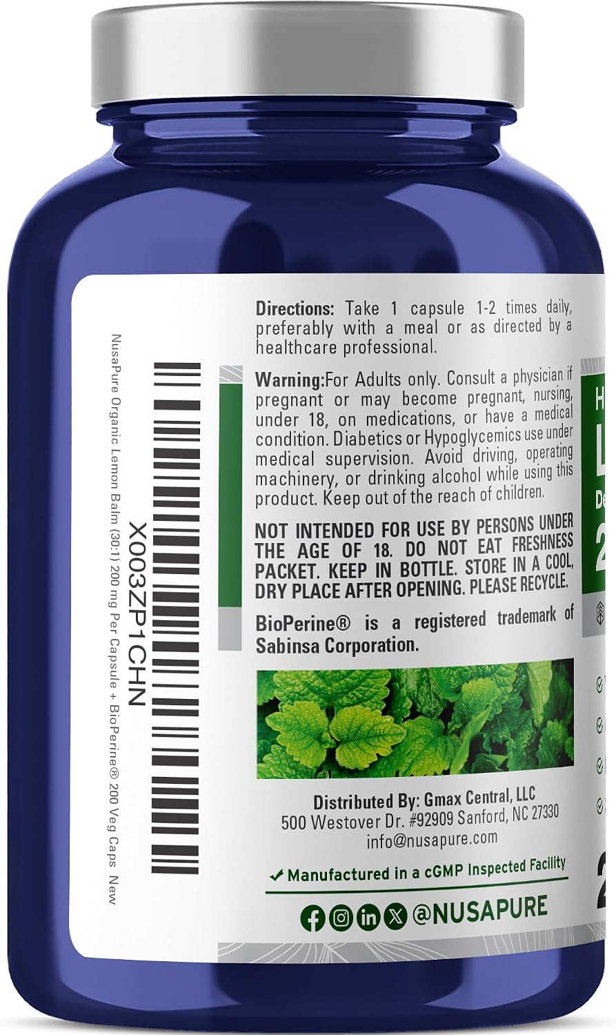 NusaPure Cápsulas de Melisa, 200 mg, 200 Cápsulas Veganas (No GMO, Vegano)