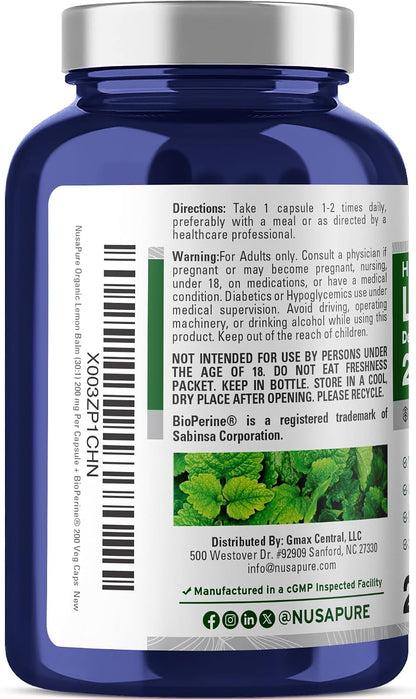 NusaPure Cápsulas de Melisa, 200 mg, 200 – Extracto de melisa (Melissa officinalis) 30:1 : Cada cápsula – Image 3