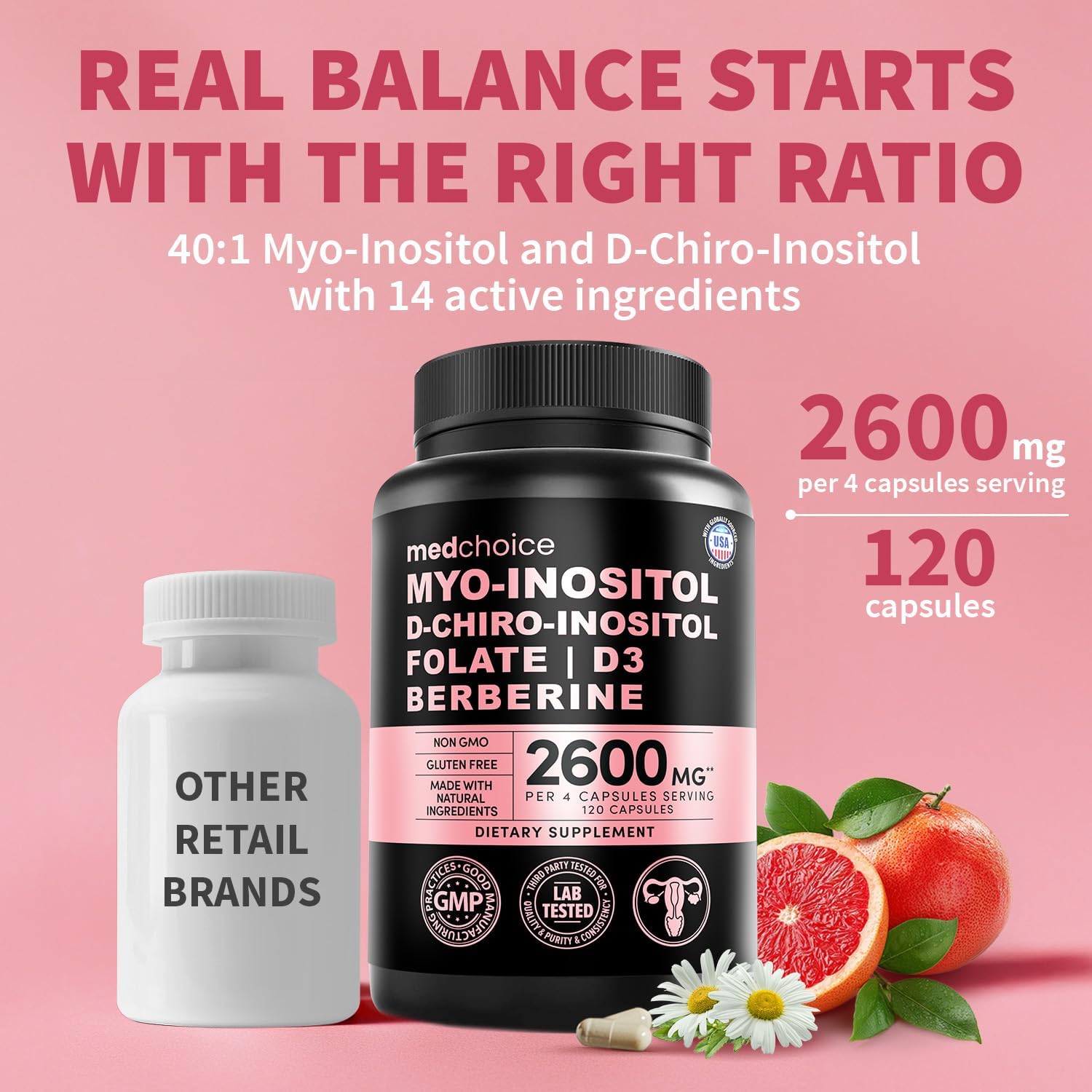 Complemento Complejo de Inositol para Mujeres 14-en-1 – 40:1 Myo y D-Chiro Inositol con Folato, Vitamina D3, Zinc, Magnesio y Botánicos para el Apoyo Hormonal y el Bienestar Femenino – (120 Cápsulas) (Paquete de 2)