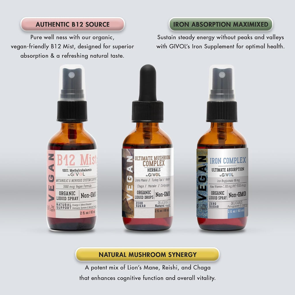 GIVOL Ultimate Vegan Essential Bundle Liquid Spray - Complejo de Hongos, Hierro Bisglicinato y Vitamina B12 Metilcobalamina, 60 ml (360 días)