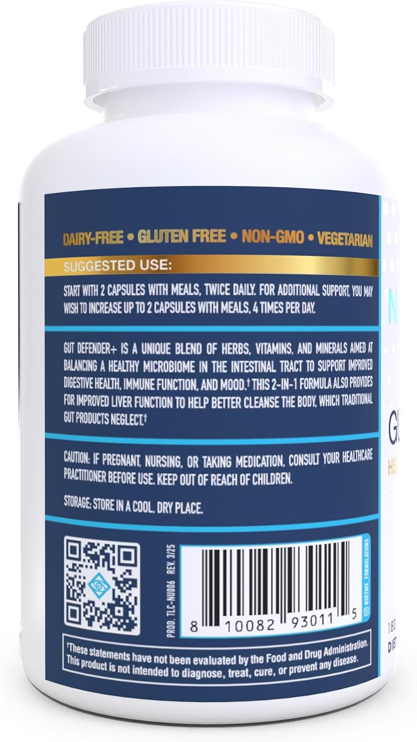 NuEthix Formulations Gut Defender+ Microbiome Balance, 180 Cápsulas, 90 Dosis
