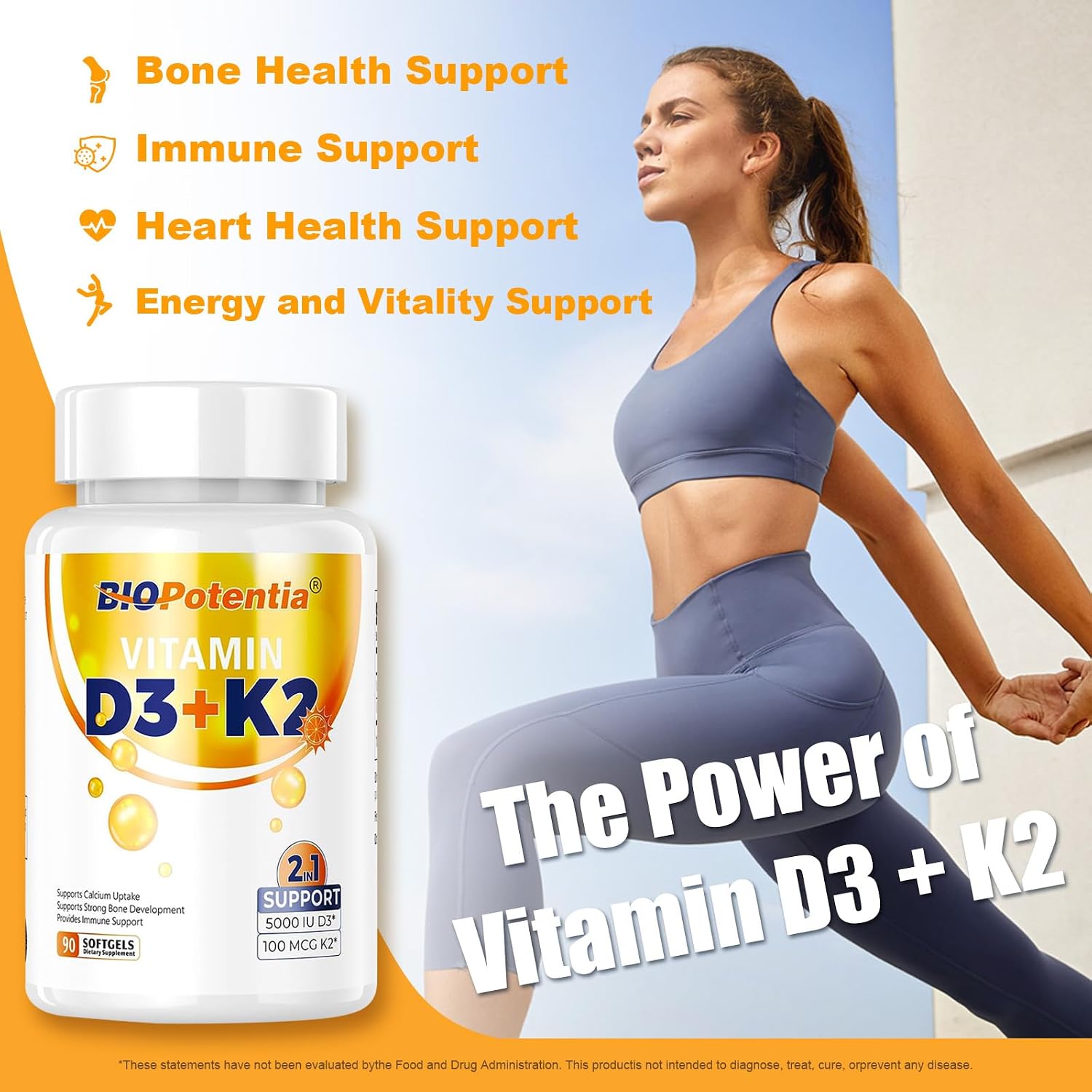 BIO POTENTIA Vitamina D3 K2 con MCT Oil, 5000 UI D3 y 100 mcg K2 (MK-7), 90 Cápsulas Blandas