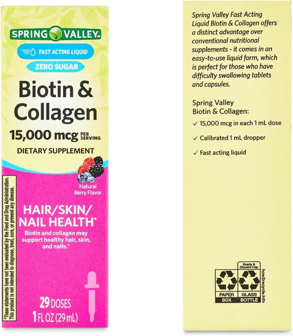 Biotina y Colágeno Líquido 15000μg, Sabor Natural a Bayas, Gotas para Cabello, Piel y Uñas (Pack de 2)