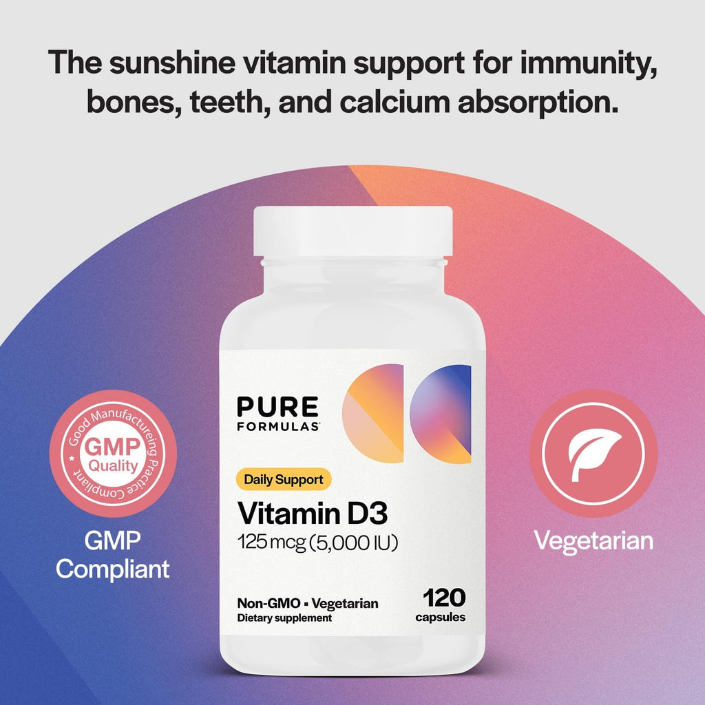 PureFormulas Vitamina D3 5000 IU (125 mcg) - Suplemento de Vitamina D para la Salud Ósea e Inmunitaria - Cápsulas Vegetarianas No Transgénicas - 120 Cápsulas