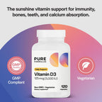 PureFormulas Vitamina D3 5000 IU (125 mcg) - Suplemento de Vitamina D para la Salud Ósea e Inmunitaria - Cápsulas Vegetarianas No Transgénicas - 120 Cápsulas
