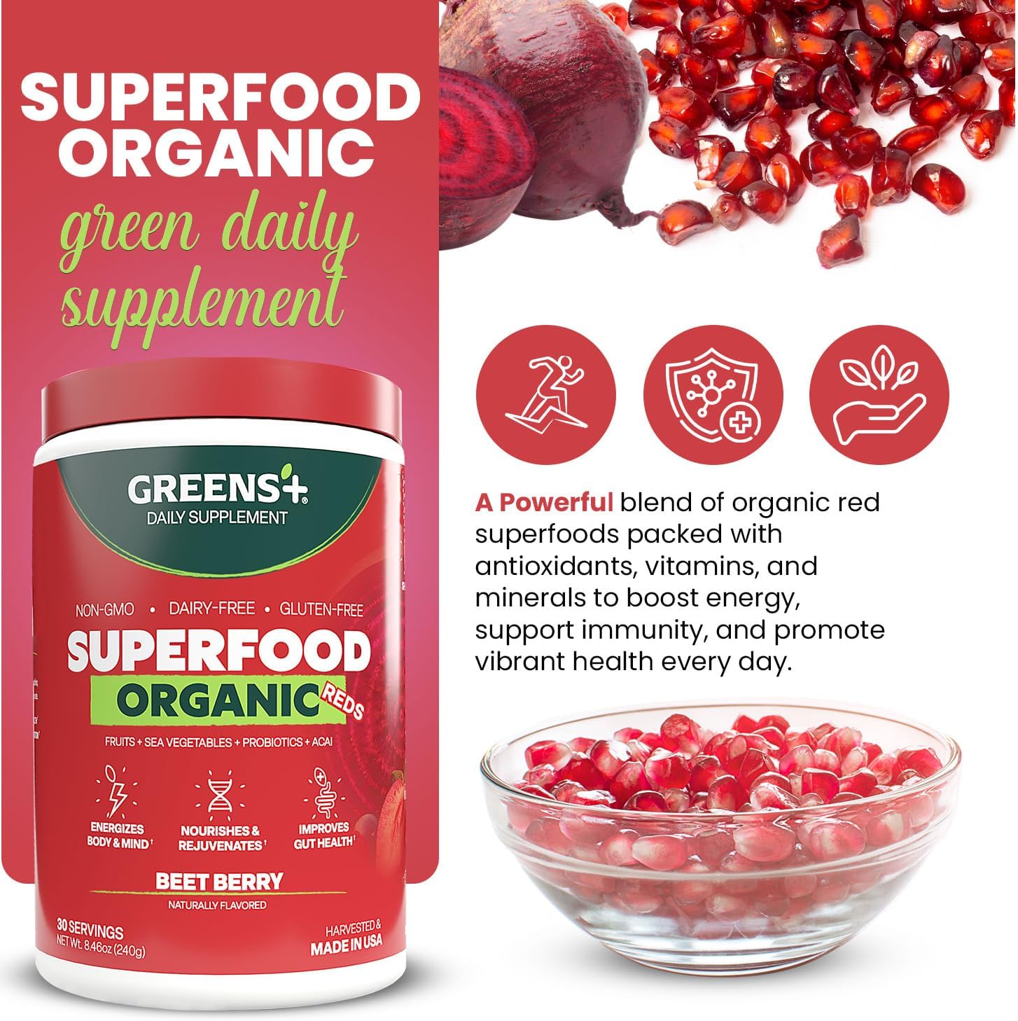 Greens+ Organic Reds Superfood Powder - Mezcla de Superalimentos Rojos Ecológicos, Antioxidantes, Vegano, Sin Gluten (240g)