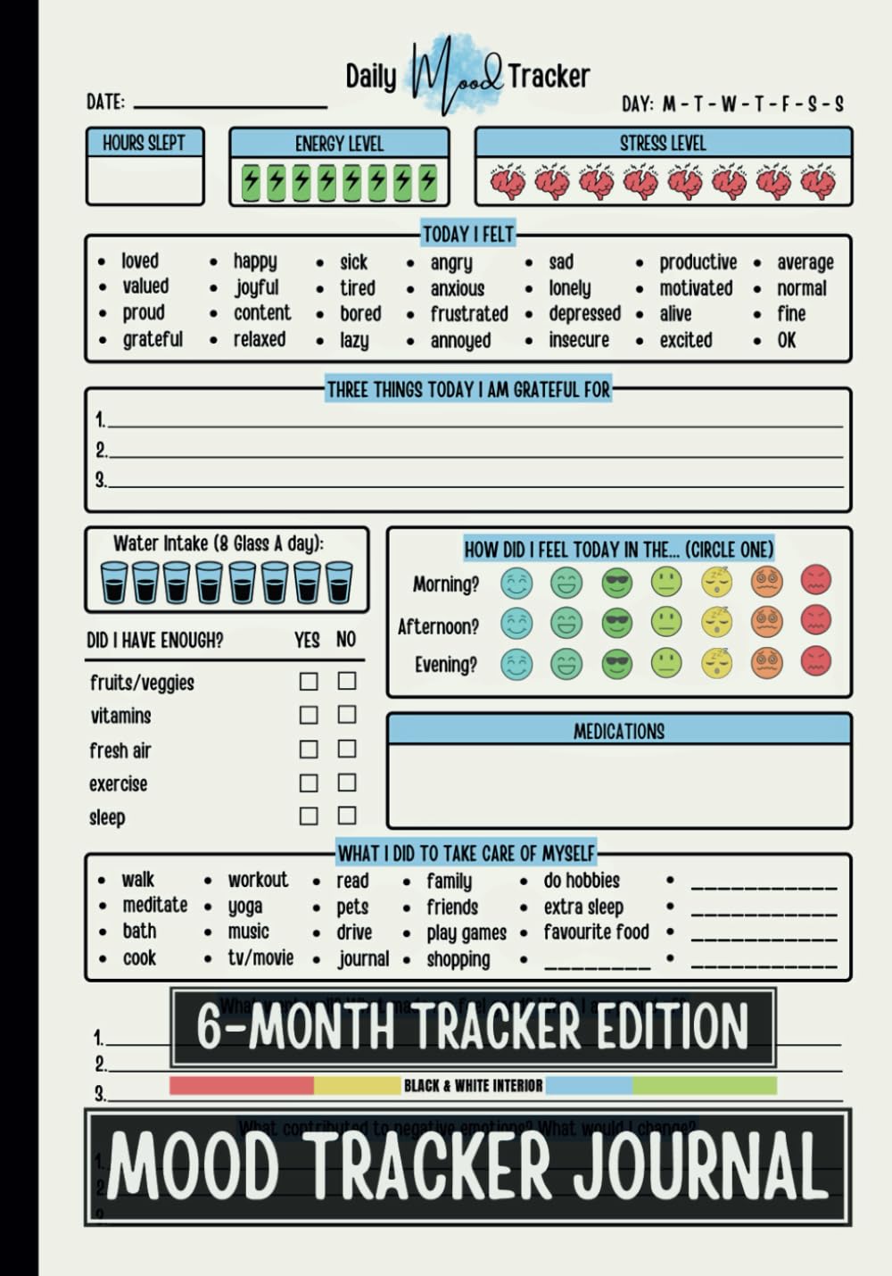 Mood Tracker Journal: Un Diario de Salud Mental y Bienestar de 6 Meses con Indicaciones para Aliviar la Ansiedad, el Trastorno Límite de la Personalidad o la Depresión para Mujeres y Chicas Adolescentes