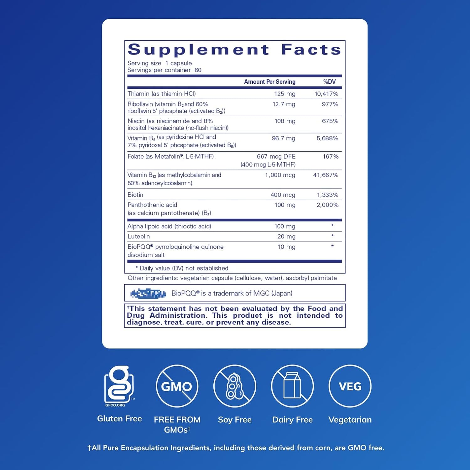 Pure Encapsulations Ultra B-Complex con PQQ | 60 Cápsulas