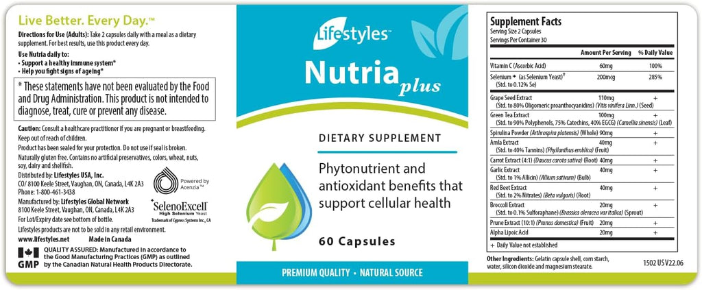 Lifestyles NutriaPlus Antioxidant Supplement - Herbal Immune Support & Multivitamin with Selenium, Vitamin C, Green Tea, Garlic, and More – Made in Canada – 60 Cápsulas