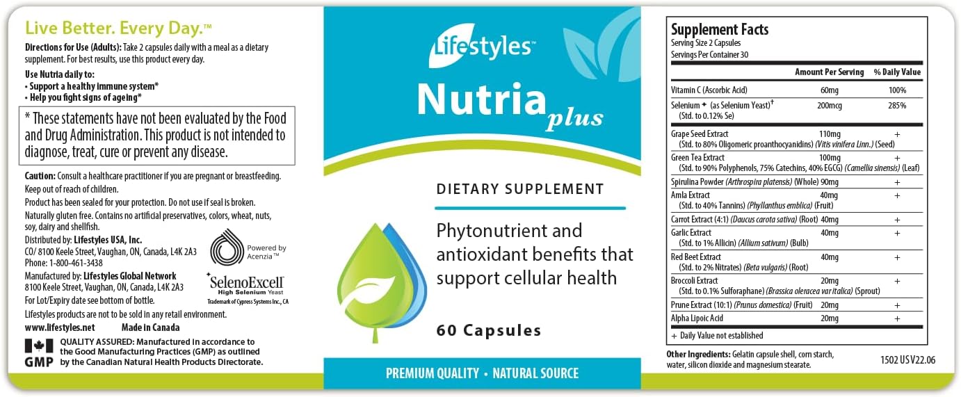 Lifestyles NutriaPlus Antioxidant Supplement - Herbal Immune Support & Multivitamin with Selenium, Vitamin C, Green Tea, Garlic, and More – Made in Canada – 60 Cápsulas