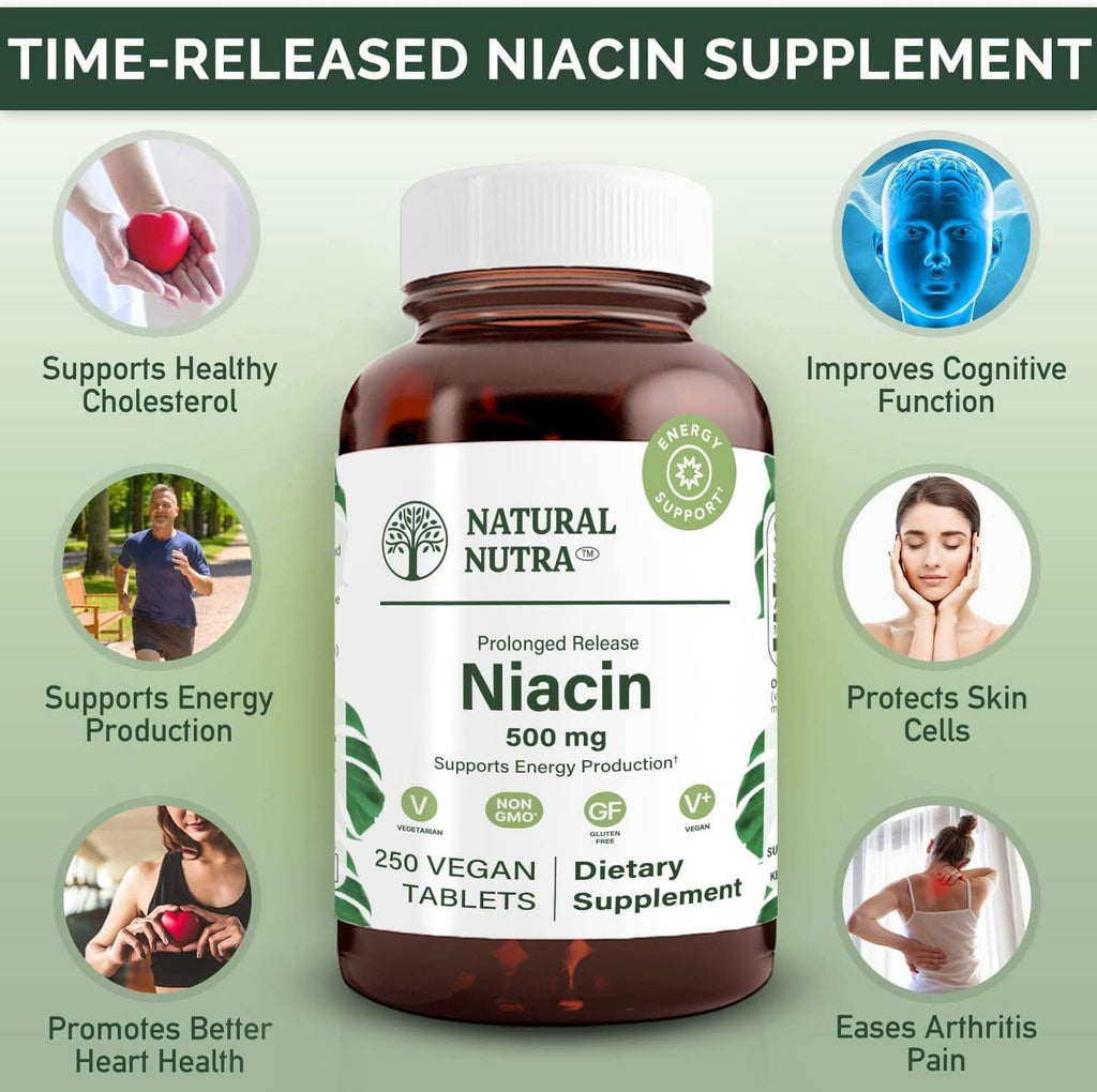 Natural Nutra Niacina 500mg Liberación Prolongada (Vitamina B3) - 250 Comprimidos Veganos