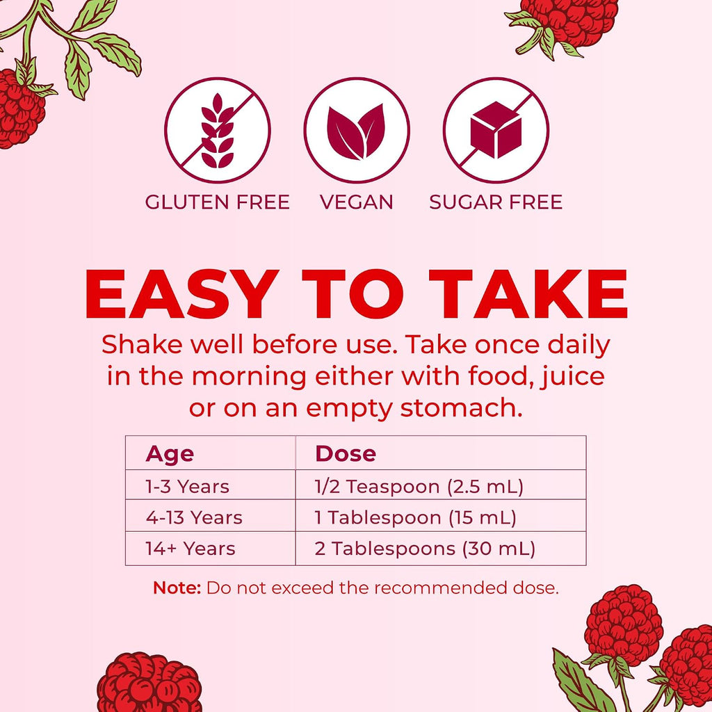 MaryRuth's Multivitamínico Líquido para Mujeres, Hombres y Niños - Sabor Frambuesa - 15 Dosis
