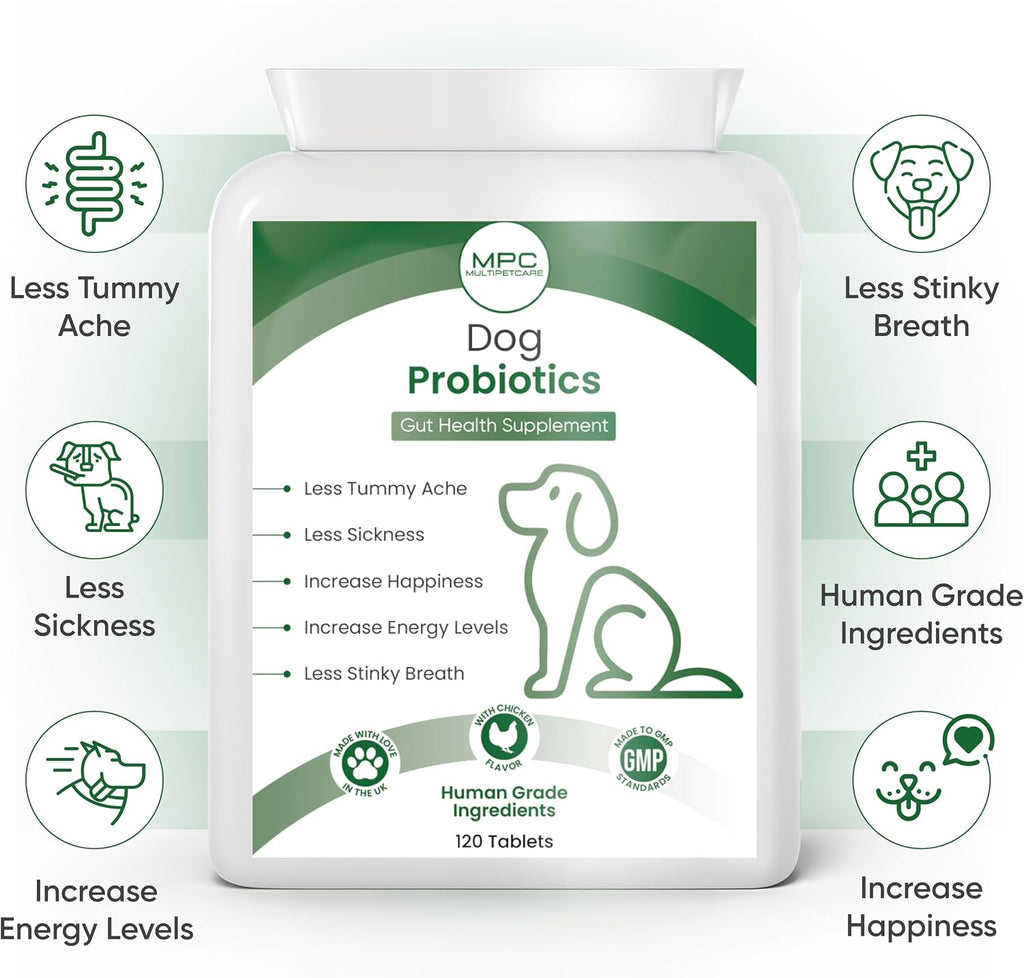 Multipetcare Probióticos para Perros – 5 Cepas, 2 Mil Millones UFC + Enzimas Digestivas y Prebióticos | Salud Digestiva, Heces Firmes, Menos Gases | con Vitaminas del Grupo B | Sabor a Pollo | 120 Comprimidos