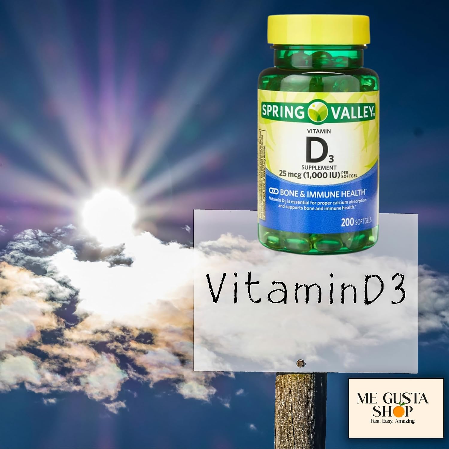 Vitamina D3 1000 UI (25 mcg) Softgels, 200 Cápsulas + Sticker Me Gusta