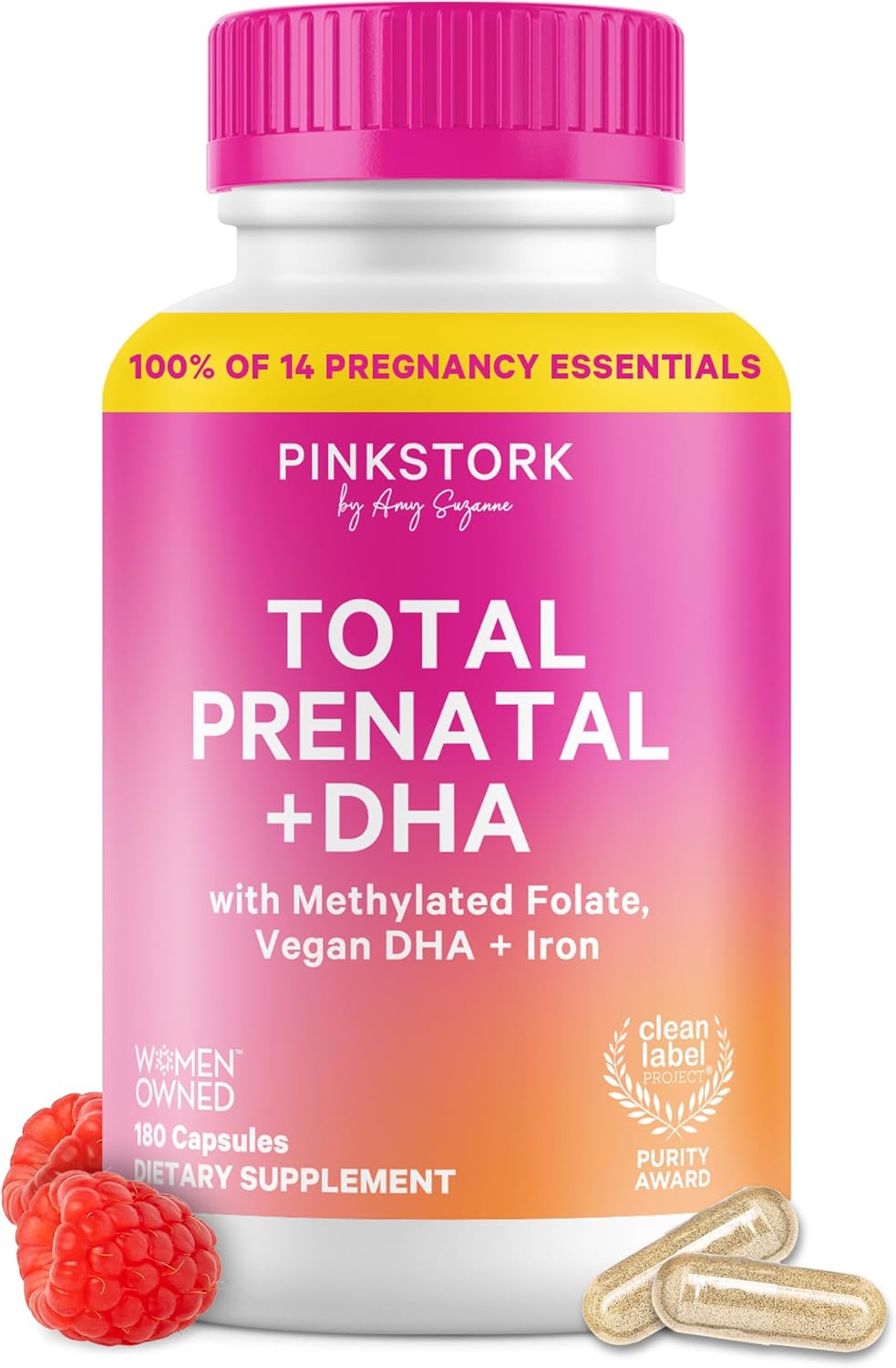 Pink Stork Total Prenatal - Vitaminas Prenatales con DHA Vegano, Folato Metilado y Hierro, 60 Cápsulas