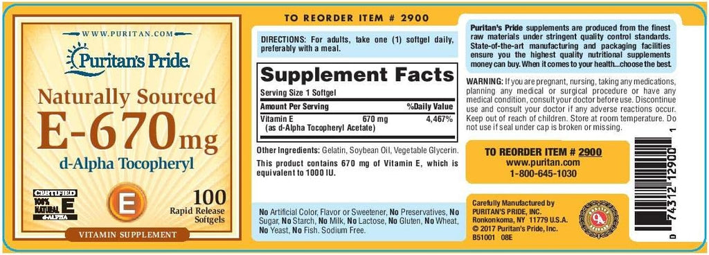 Puritan's Pride Vitamina E 670 mg 100% Natural - 100 Cápsulas Blandas