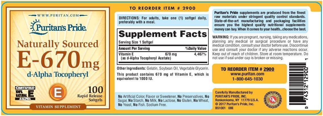 Puritan's Pride Vitamina E 670 mg 100% Natural - 100 Cápsulas Blandas