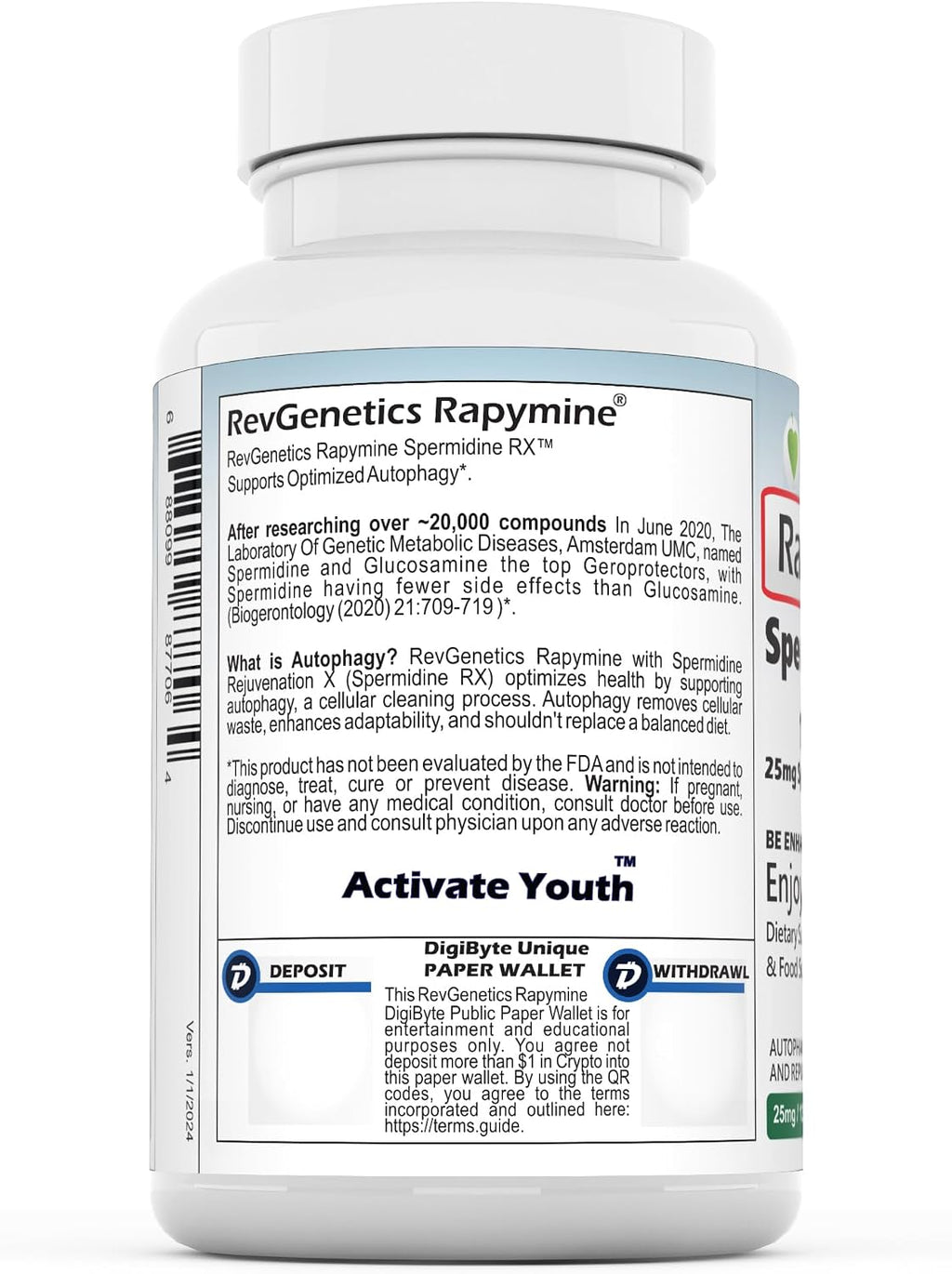 REVGENETICS Spermidine Rapymine - 25mg Espermidina 3HCl (13,8mg Elemental) - 120 Cápsulas - Sin Trigo - Apoyo a la Autofagia