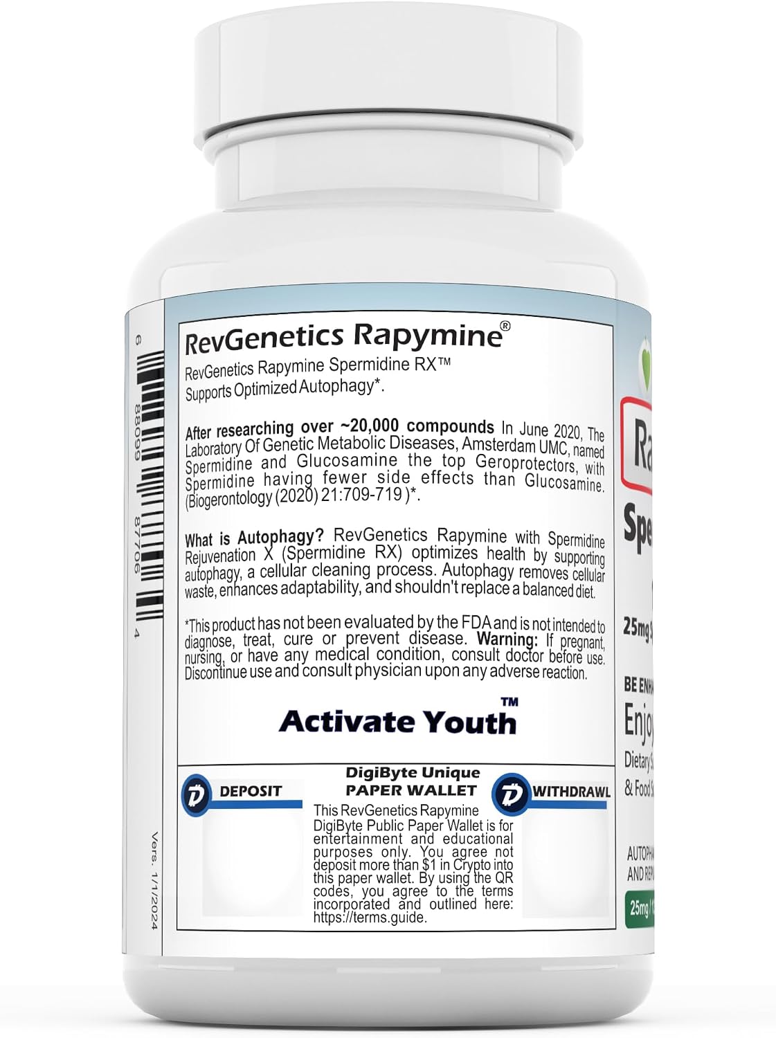REVGENETICS Spermidine Rapymine - 25mg Espermidina 3HCl (13,8mg Elemental) - 120 Cápsulas - Sin Trigo - Apoyo a la Autofagia