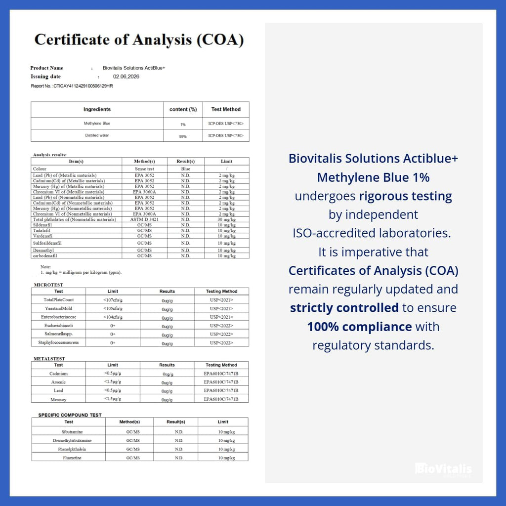 Actiblue+ Azul de Metileno 1% – 99,9% Pureza, Certificado por Laboratorio ISO, Sin Formaldehído, Sin Alcohol, Sin Gluten y Sin OGM (60 ml)
