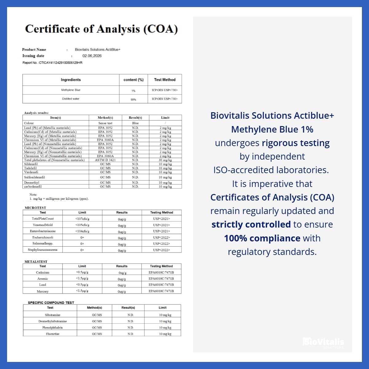Actiblue+ Azul de Metileno 1% – 99,9% Pureza, Certificado por Laboratorio ISO, Sin Formaldehído, Sin Alcohol, Sin Gluten y Sin OGM (60 ml)