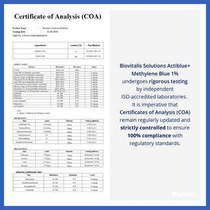 Actiblue+ Azul de Metileno 1% – 99,9% Pureza, Certificado por Laboratorio ISO, Sin Formaldehído, Sin Alcohol, Sin Gluten y Sin OGM (60 ml)