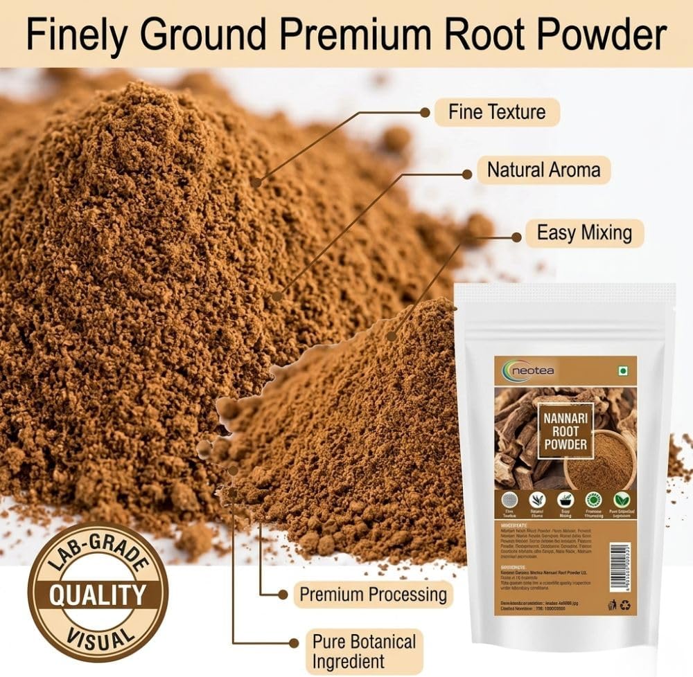 neotea Polvo de Raíz de Nannari 500g | Hemidesmus Indicus | Bebida Refrescante Natural | Sin Aditivos