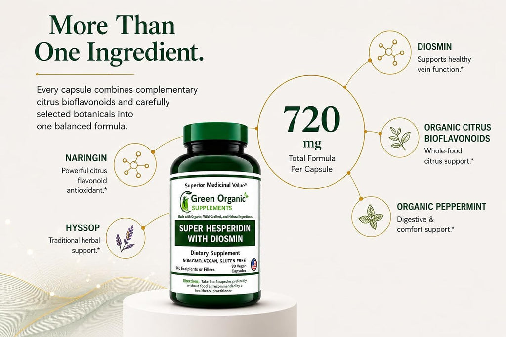 Green Organic Supplements Super Hesperidin con Diosmin y Naringin, Hecho a Mano, Sin OGM, Vegano y Sin Gluten