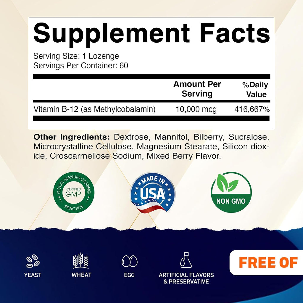 Vitamatic Metilcobalamina B12 10.000 mcg – 60 Comprimidos – Fuente Superior de Vitamina B12 para Energía y Salud Nerviosa
