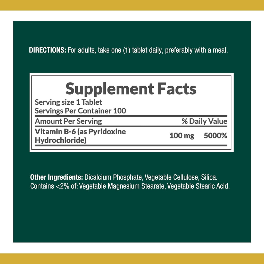 Nature's Bounty Vitamina B6, 100 mg, 100 Comprimidos