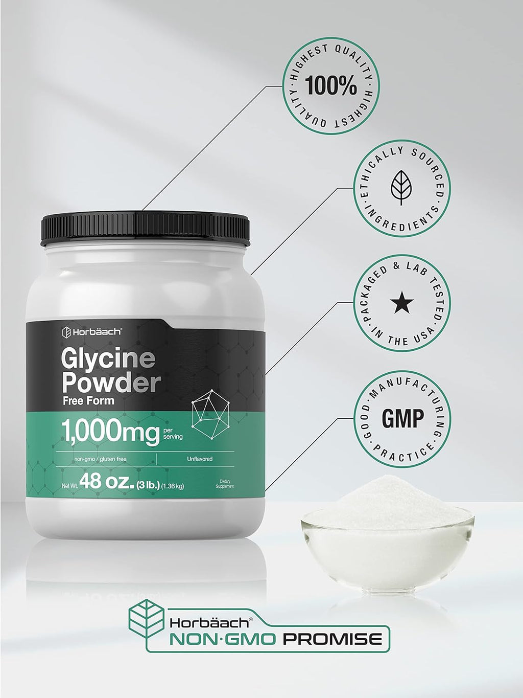 Horbäach Glicina en Polvo 1.36 kg - Suplemento de Aminoácido Libre - Sin Sabor, Vegetariano, Sin Gluten