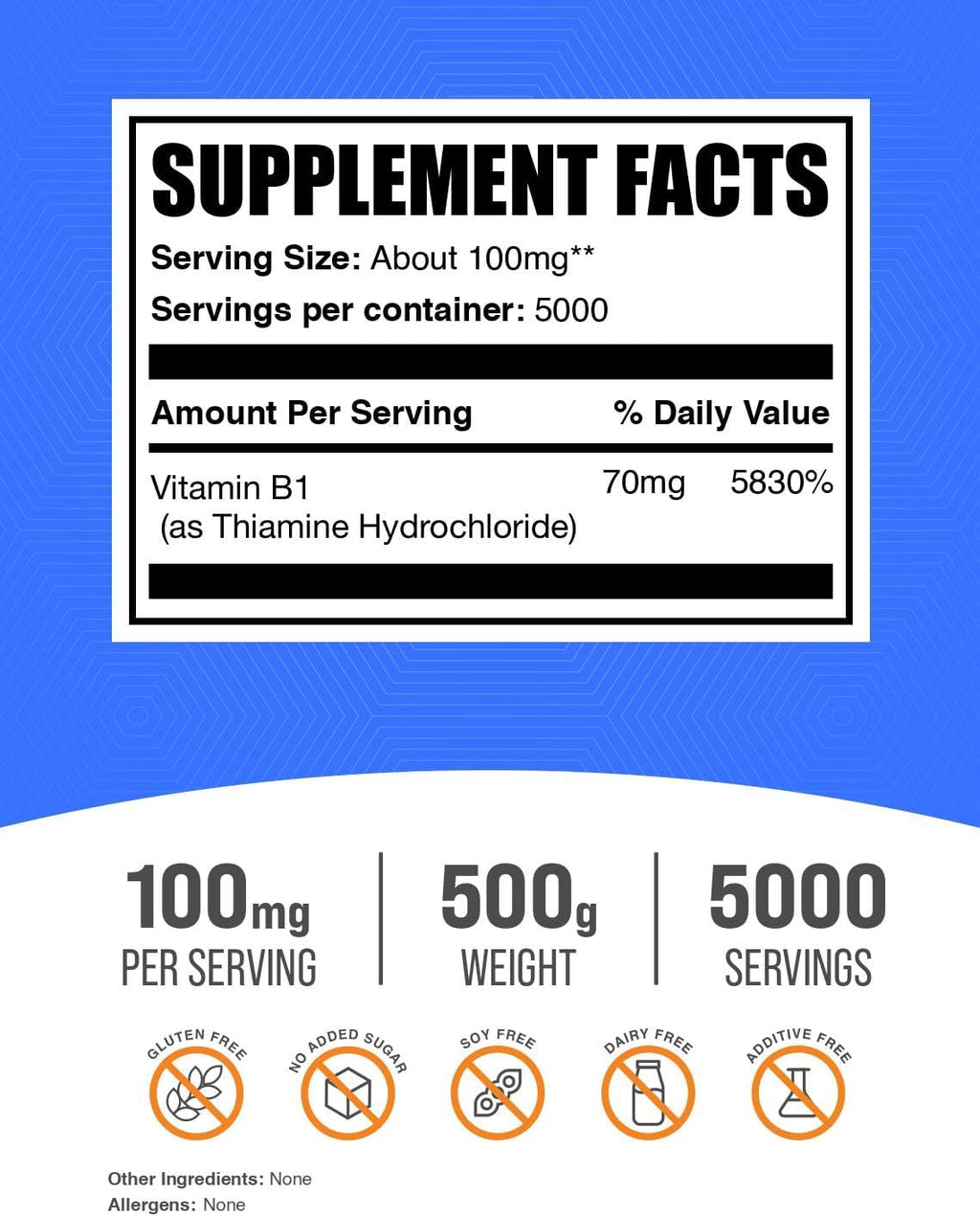 BulkSupplements Thiamine HCl Powder - Thiamine Hydrochloride, Vitamin B1, 100mg per Serving, Gluten Free, 500g