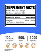 BulkSupplements Thiamine HCl Powder - Thiamine Hydrochloride, Vitamin B1, 100mg per Serving, Gluten Free, 500g