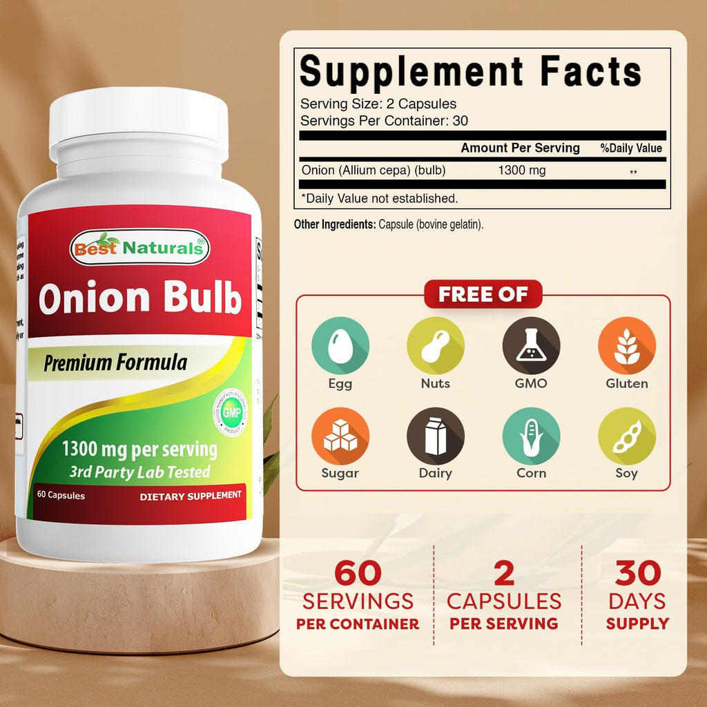Best Naturals Bulbo de Cebolla Seco 1300mg por Porción - 60 Cápsulas - También Conocido Como (Allium Cepa)