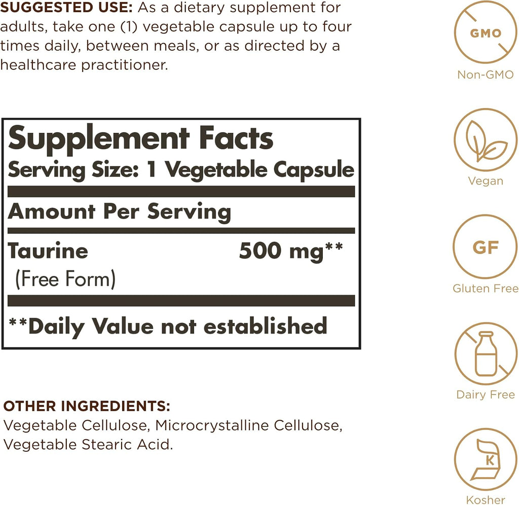 Solgar, Taurina 500 mg Cápsulas Vegetales, 100 Unidades